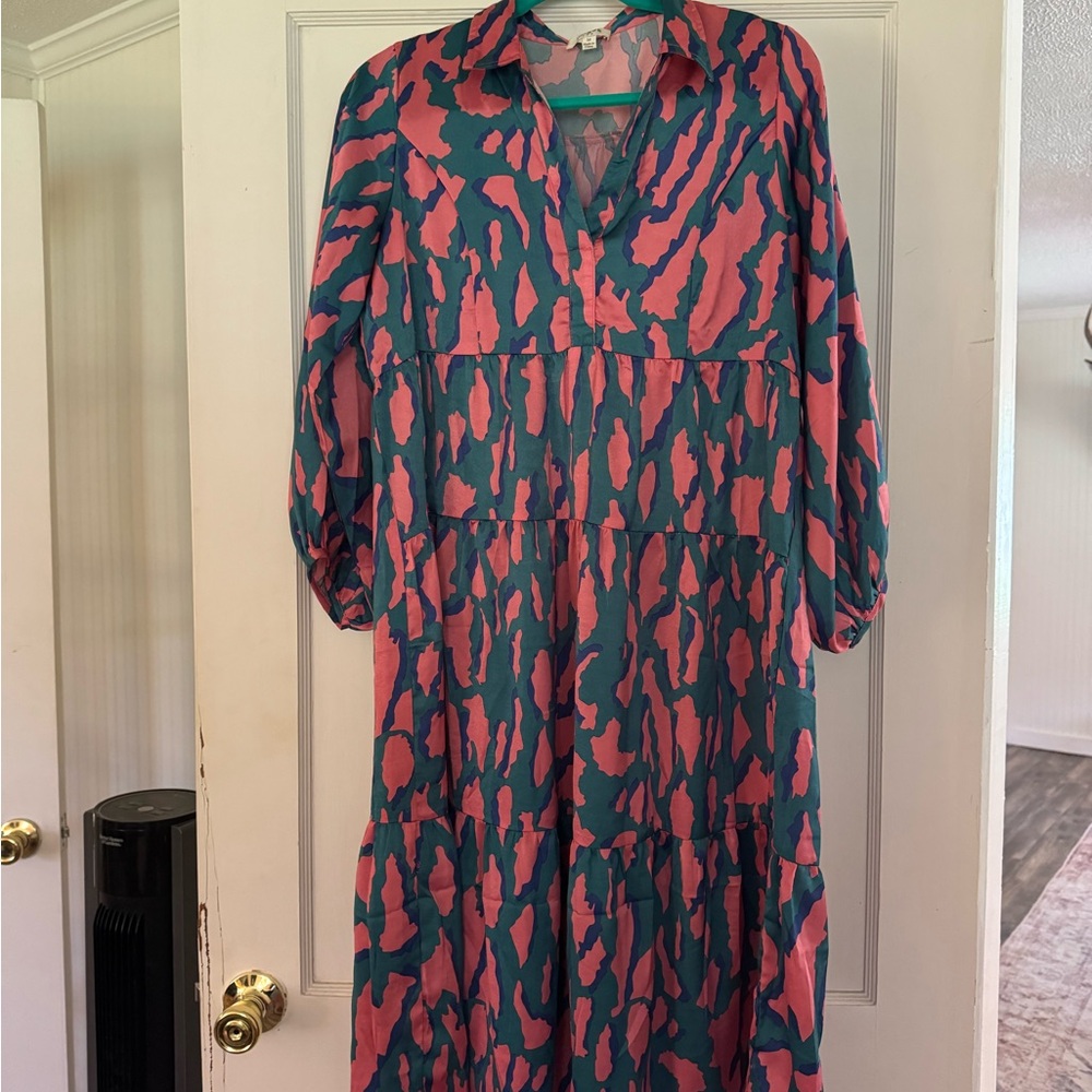 Umgee Teal and Pink Long Sleeve Sundress with V-neck